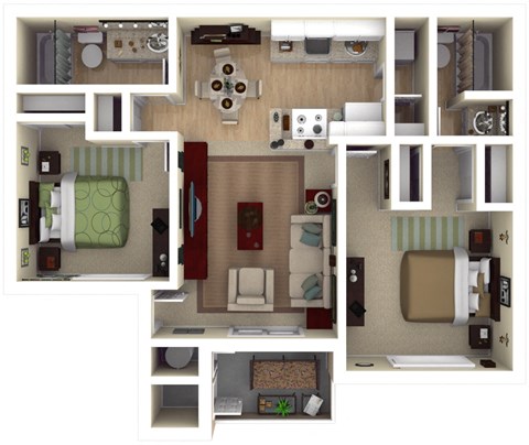 Floor plan for 2 beds, 2 baths, 901 sqft